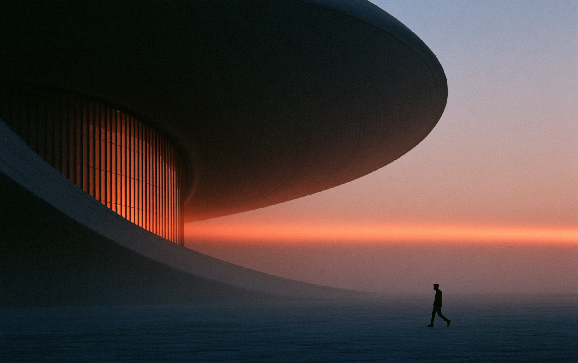 A lone figure walking beneath a vast stadium canopy at dusk, warm light burning along the horizon