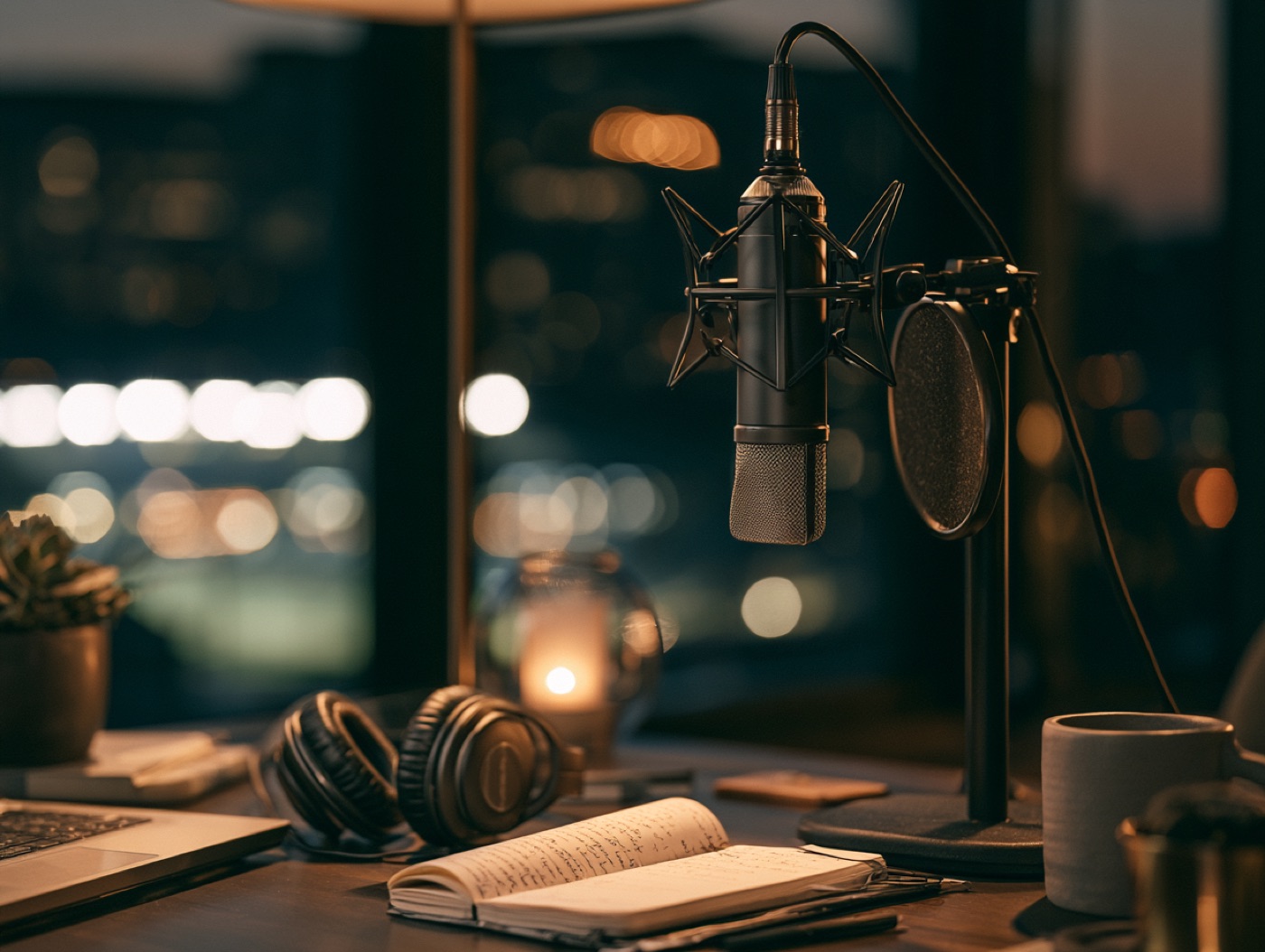 A studio microphone and headphones on a desk above a city at night